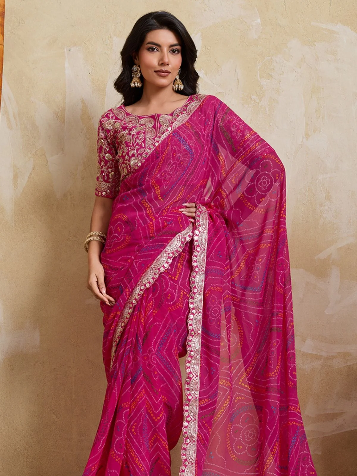Odette Pink Georgette Printed Saree For Women - Image 4