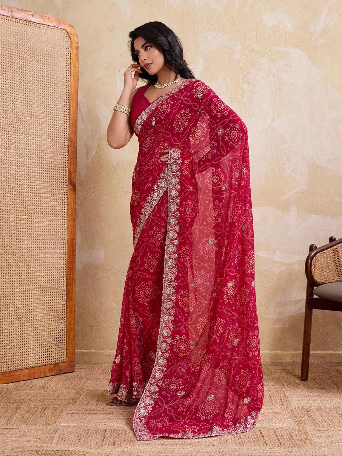 Odette Pink Georgette Printed Saree For Women - Image 2