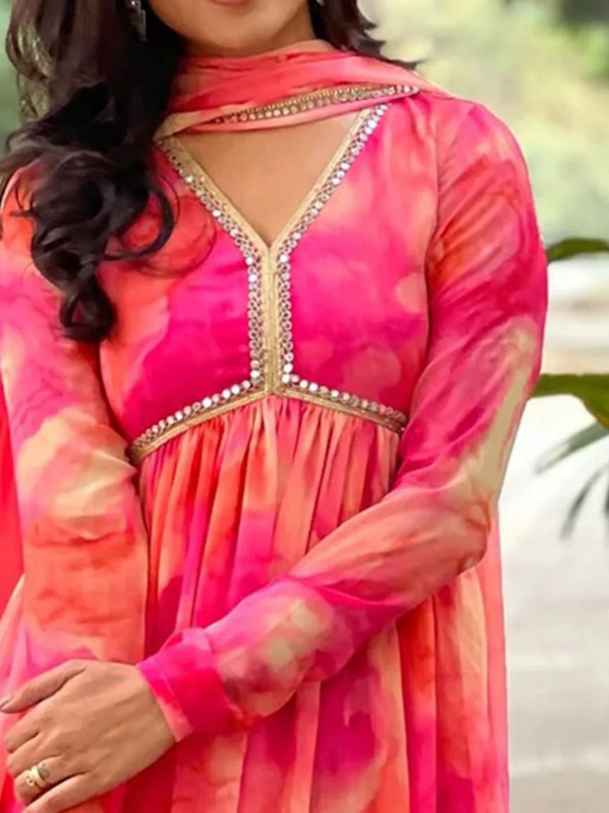 Odette Pink Georgette Printed Stiched Kurta With Dupatta For Women - Image 4