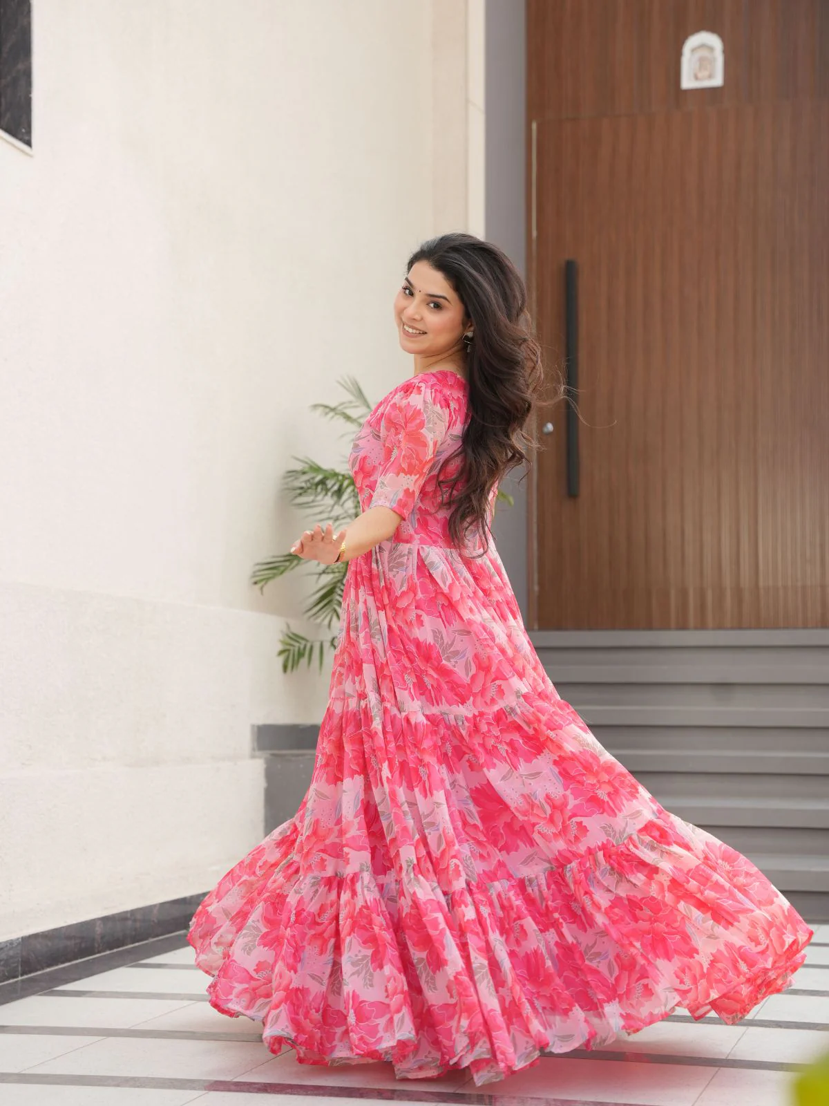 Odette Pink Georgette Printed Stitched Gown For Women - Image 3