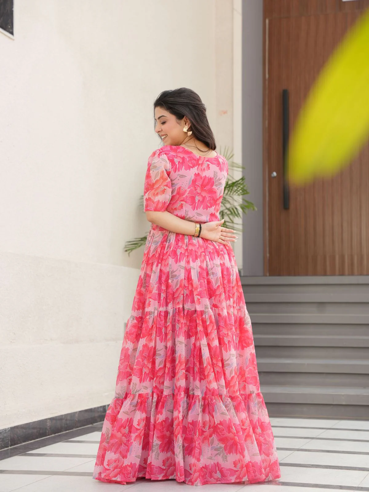 Odette Pink Georgette Printed Stitched Gown For Women - Image 4
