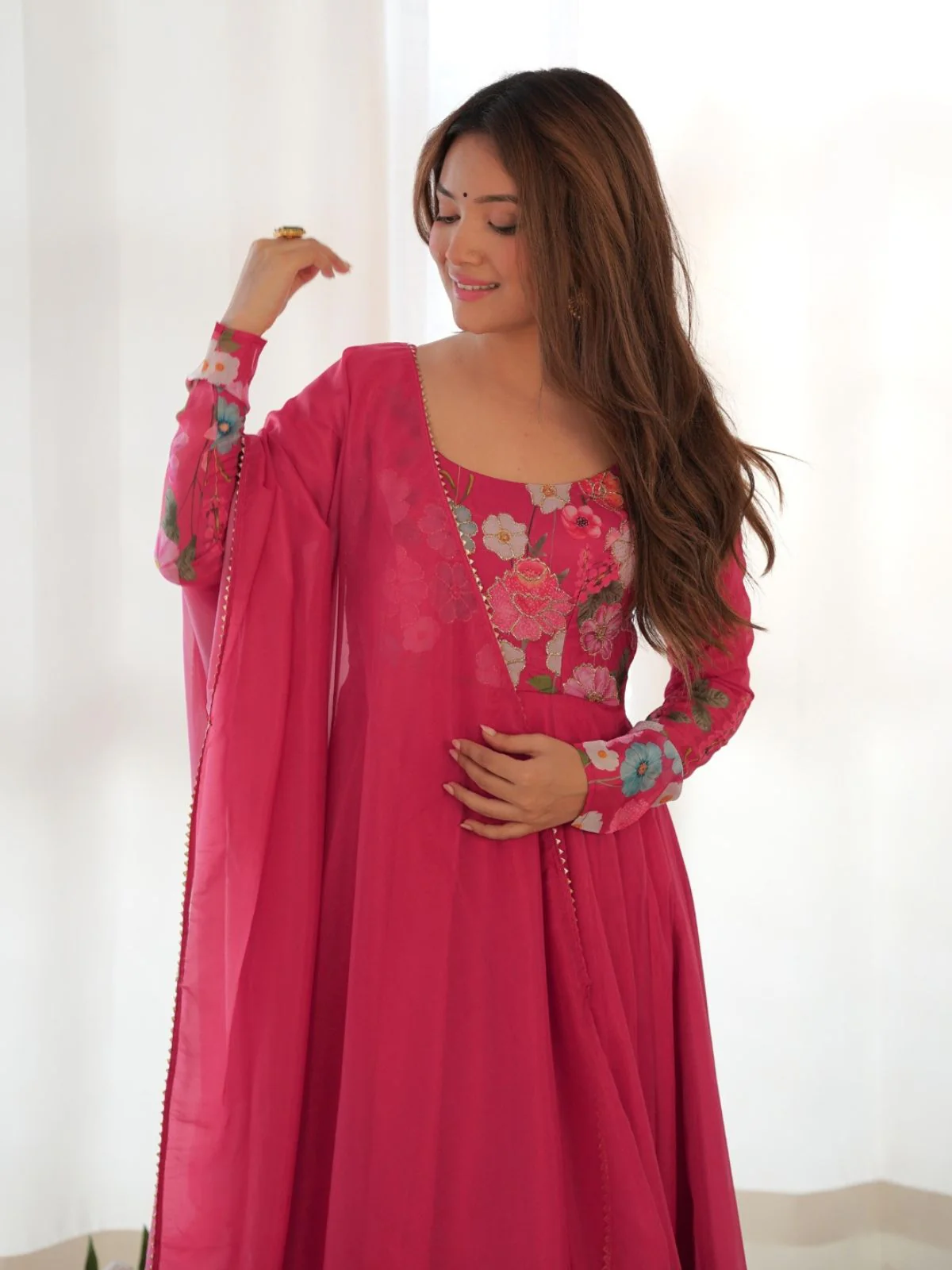 Odette Pink Georgette Printed Stitched Kurta Set For Women - Image 5