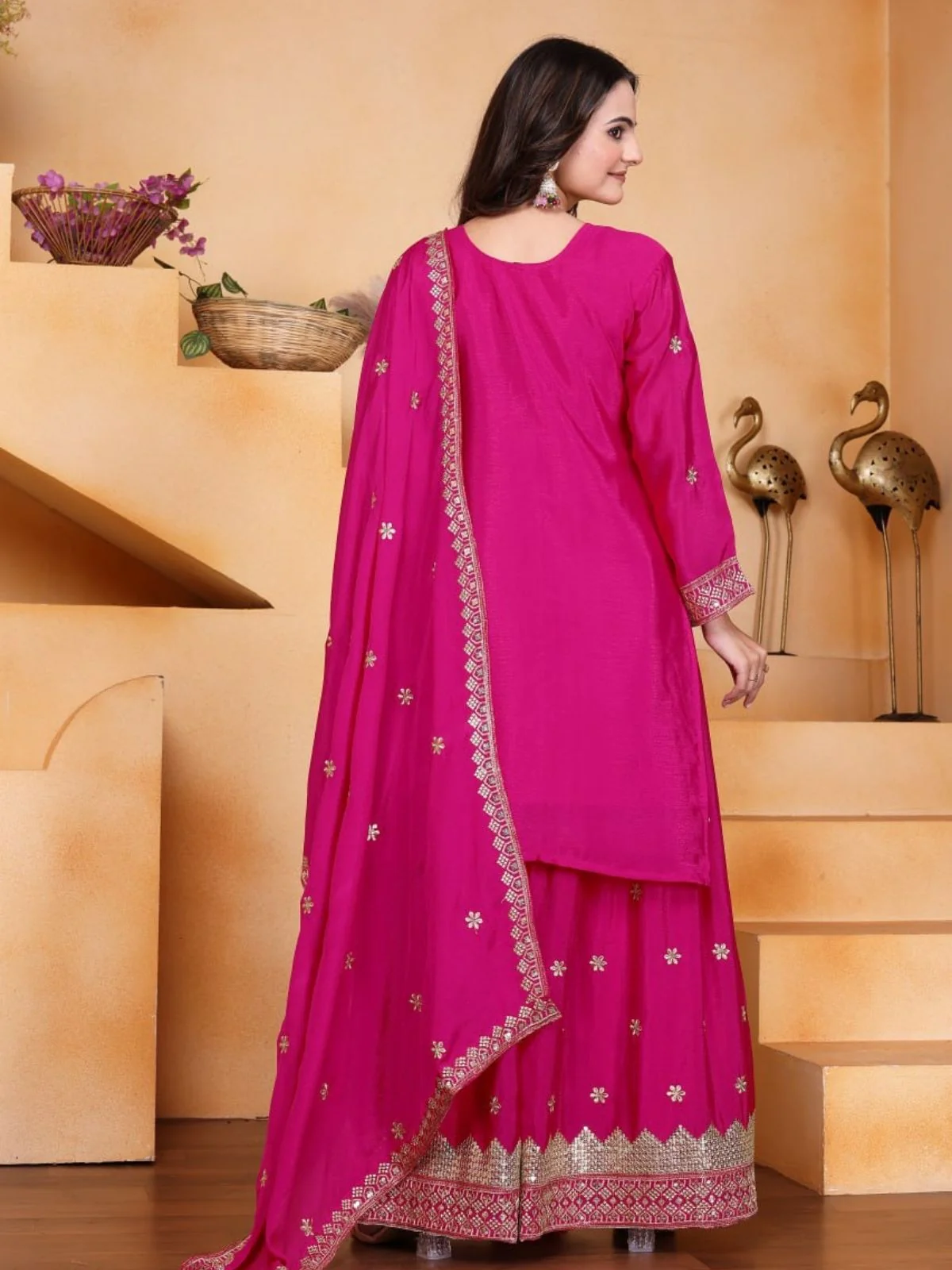 Odette Pink Georgette Solid Stitched Kurta Set For Women - Image 3