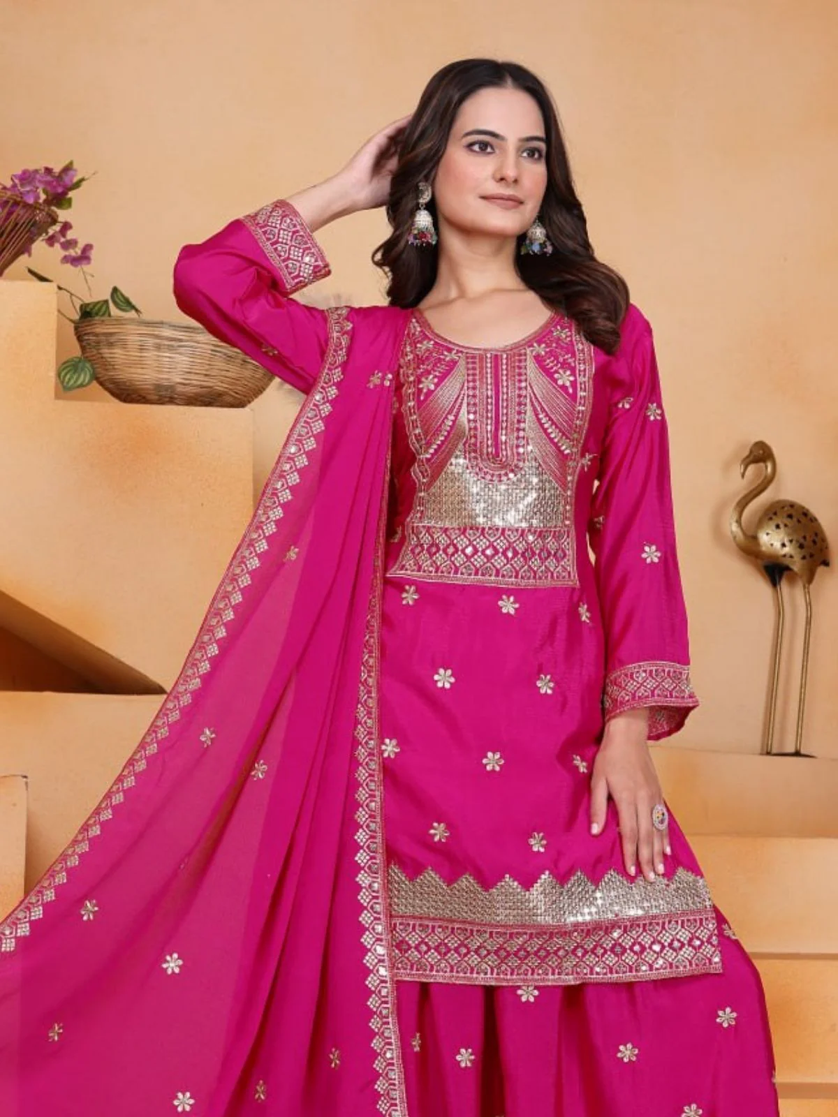 Odette Pink Georgette Solid Stitched Kurta Set For Women - Image 4