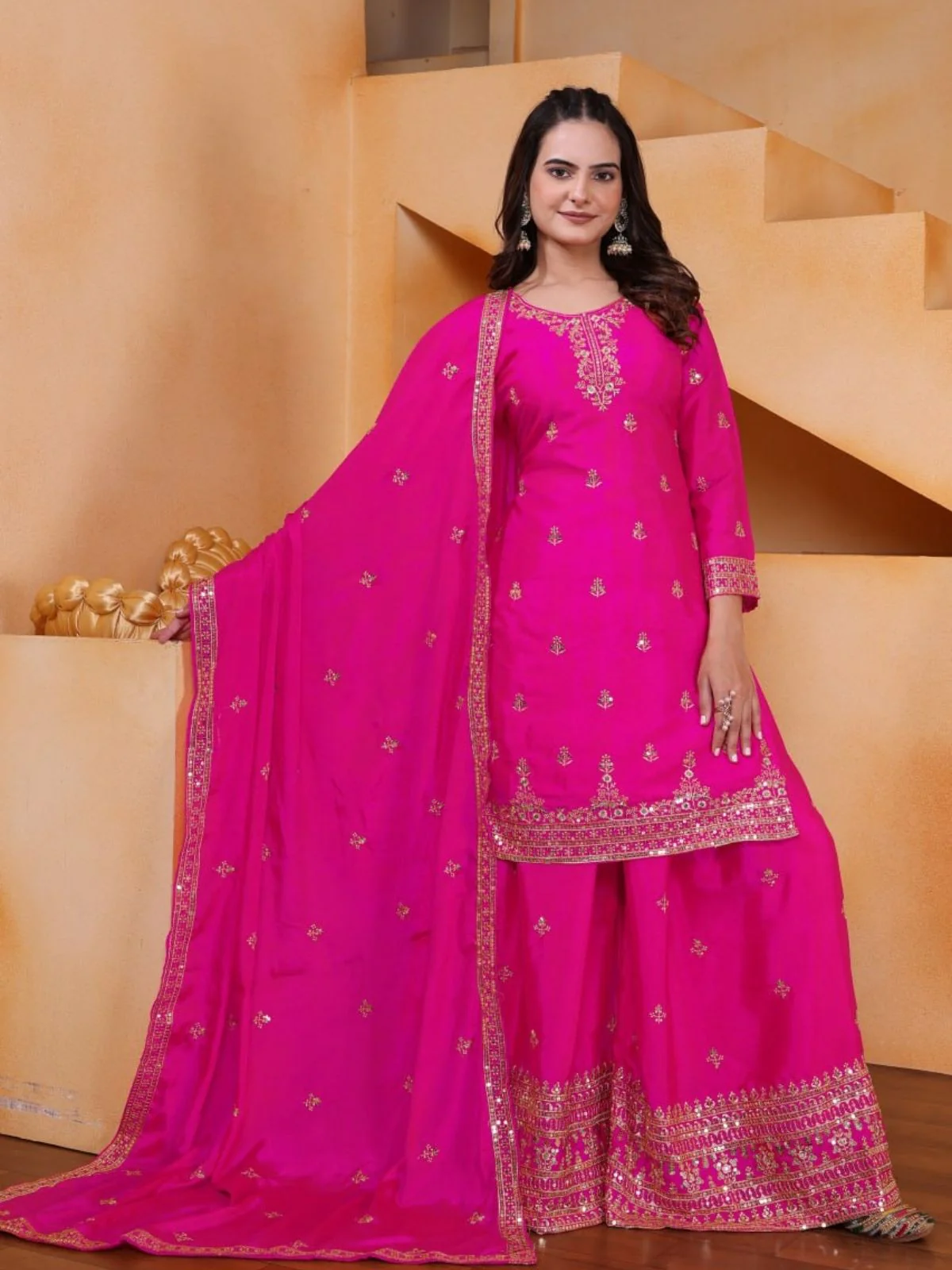 Odette Pink Georgette Solid Stitched Kurta Set For Women - Image 2
