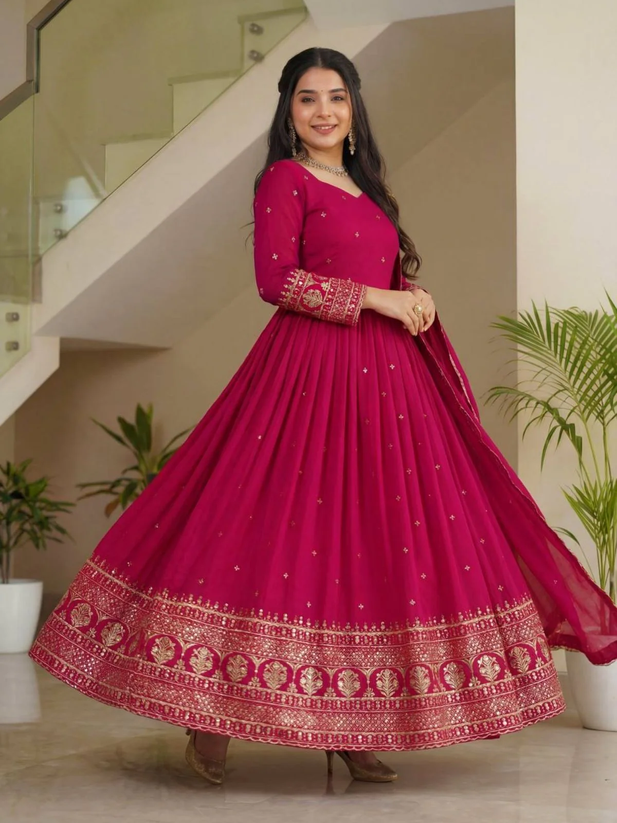Odette Pink Georgette Solid Stitched Kurta Set For Women - Image 2