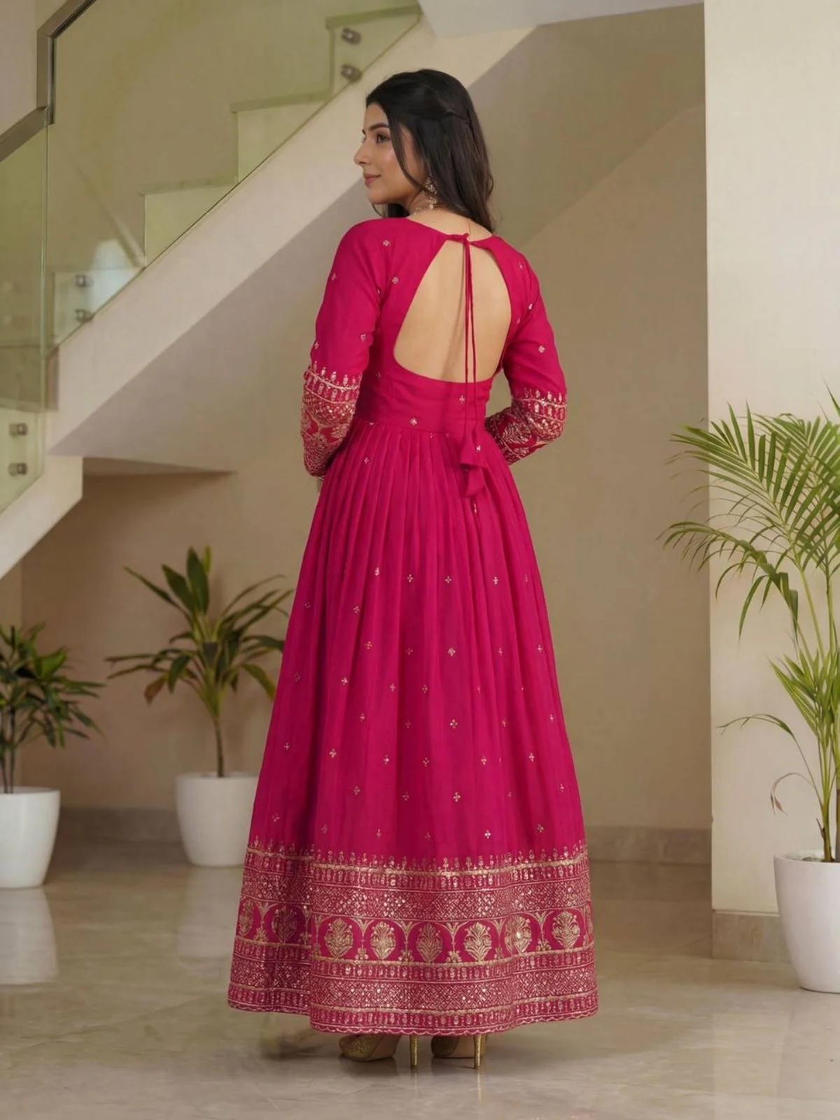 Odette Pink Georgette Solid Stitched Kurta Set For Women - Image 3