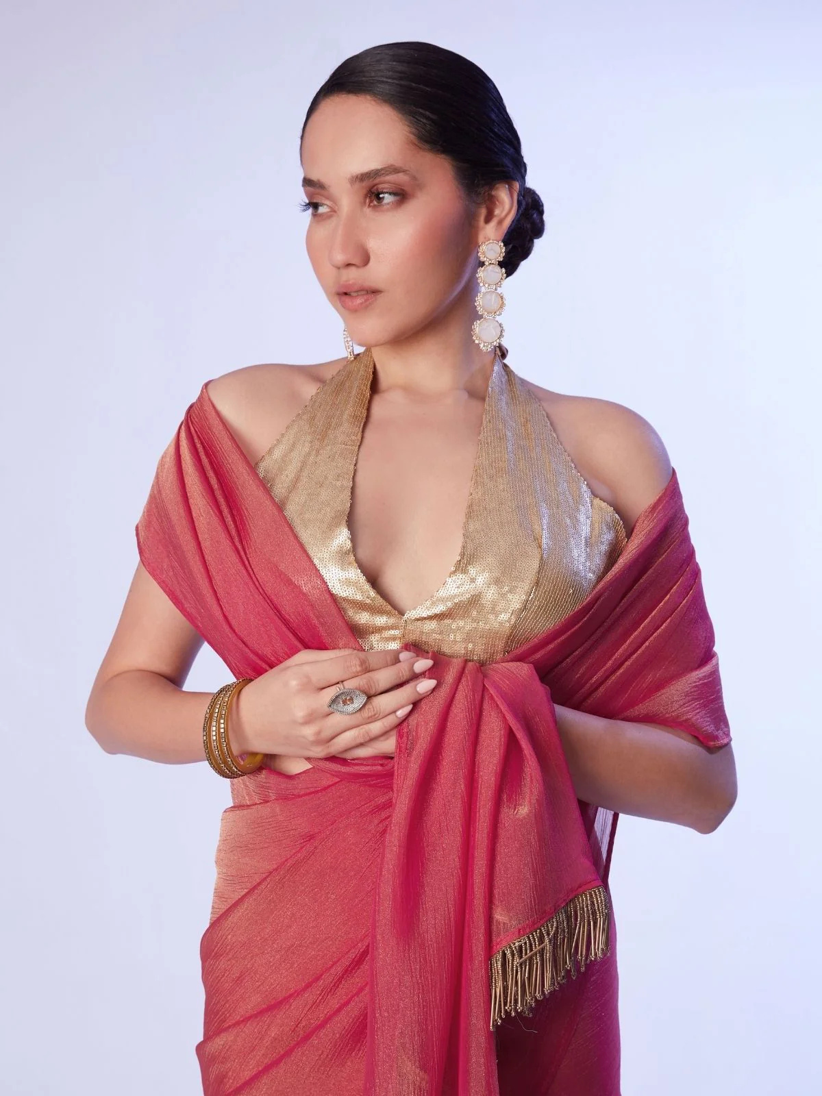 Odette Pink Gold Organza Beads Saree With Unstitched Blouse For Women - Image 4