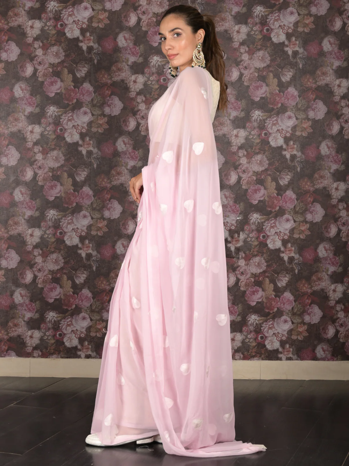 Odette Pink Heart Shape Embroidered Georgette Saree with Unstitched Blouse for Women - Image 3
