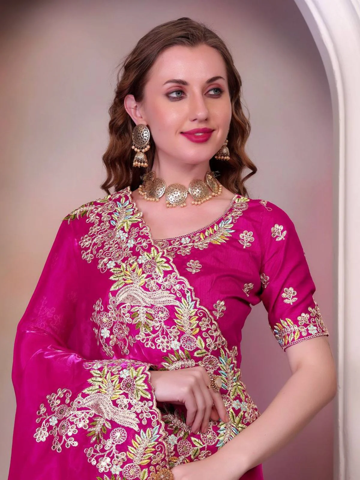 Odette Pink Jimmy Choo Embellished Saree For Women - Image 4