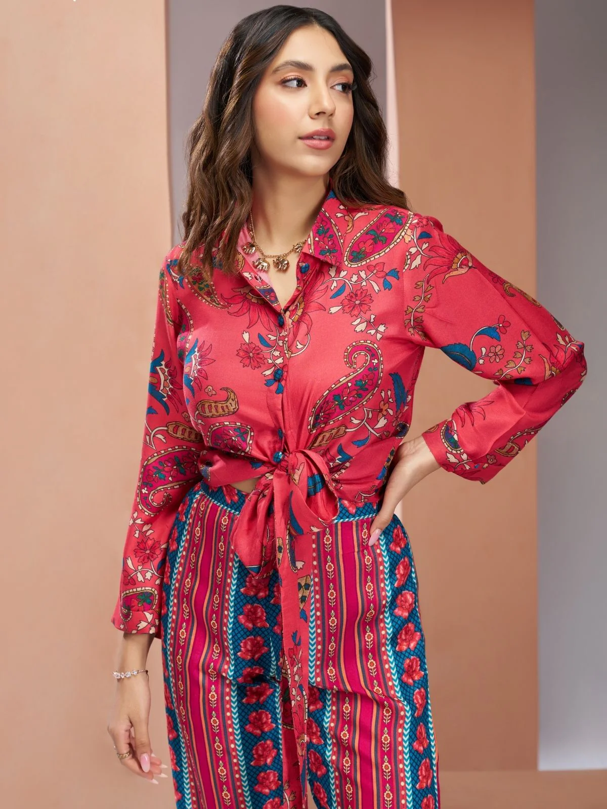 Odette Pink Linen Printed Stitched Co-Ord Set For Women - Image 5
