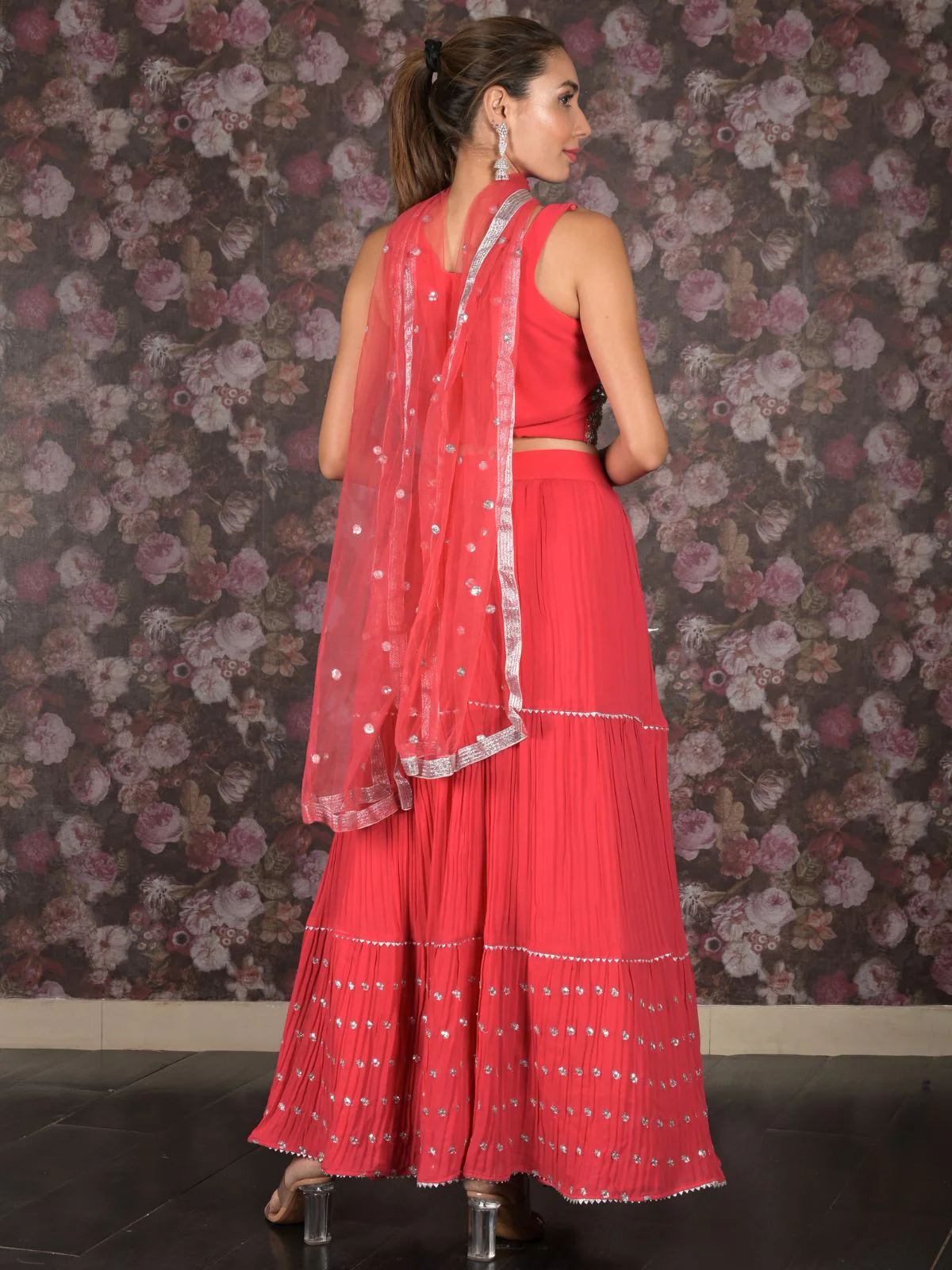 Odette Pink Mirror and Sequins Embroidered Georgette Stitched Lehenga with Stitched Blouse for Women - Image 4