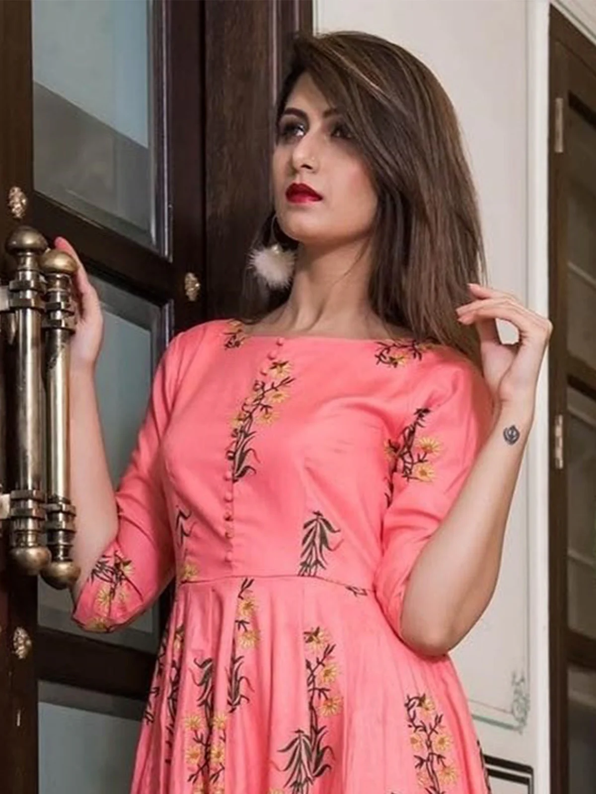 Odette Pink Muslin Printed Stitched Gown for Women - Image 4