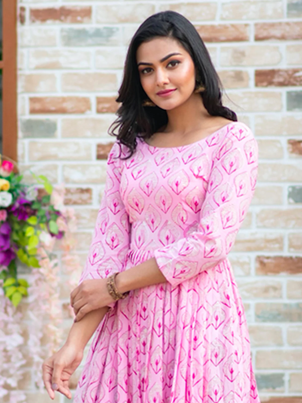 Odette Pink Muslin Printed Stitched Gown for Women - Image 3