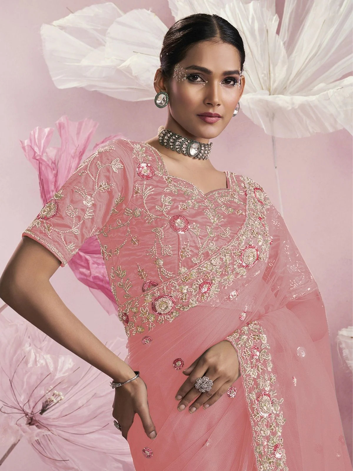 Odette Pink Net Embellished Elegant Saree For Women - Image 2