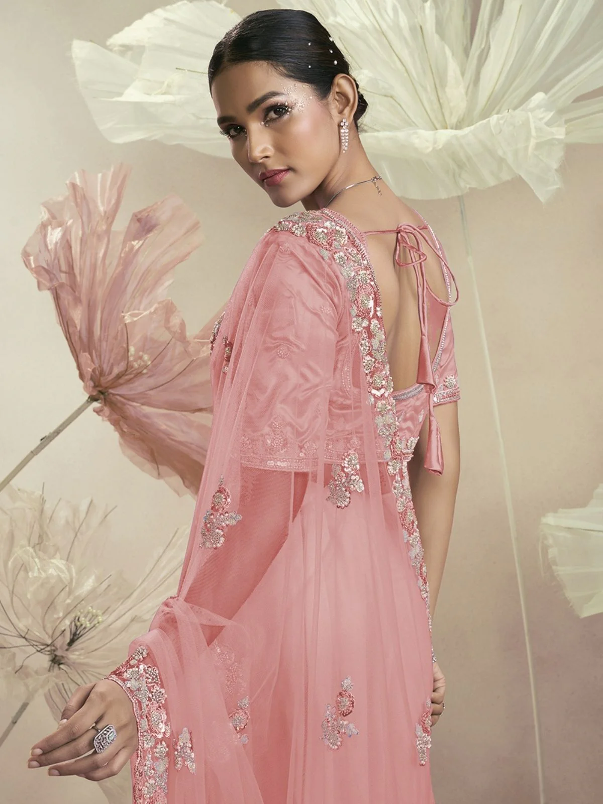 Odette Pink Net Embellished Elegant Saree For Women - Image 2