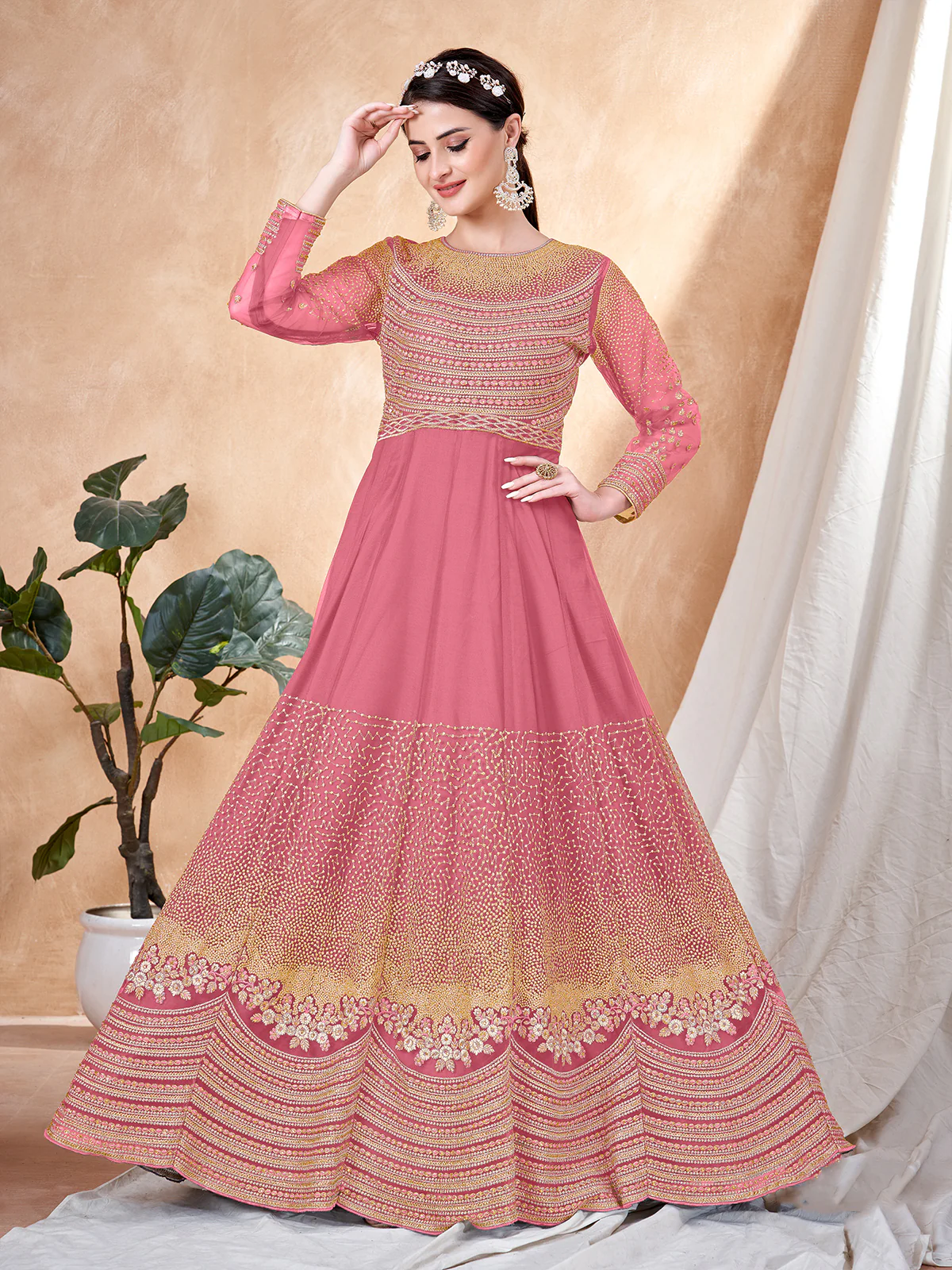 Odette Pink Net Embellished Semi stitched Kurta Set with Inner For Women - Image 2