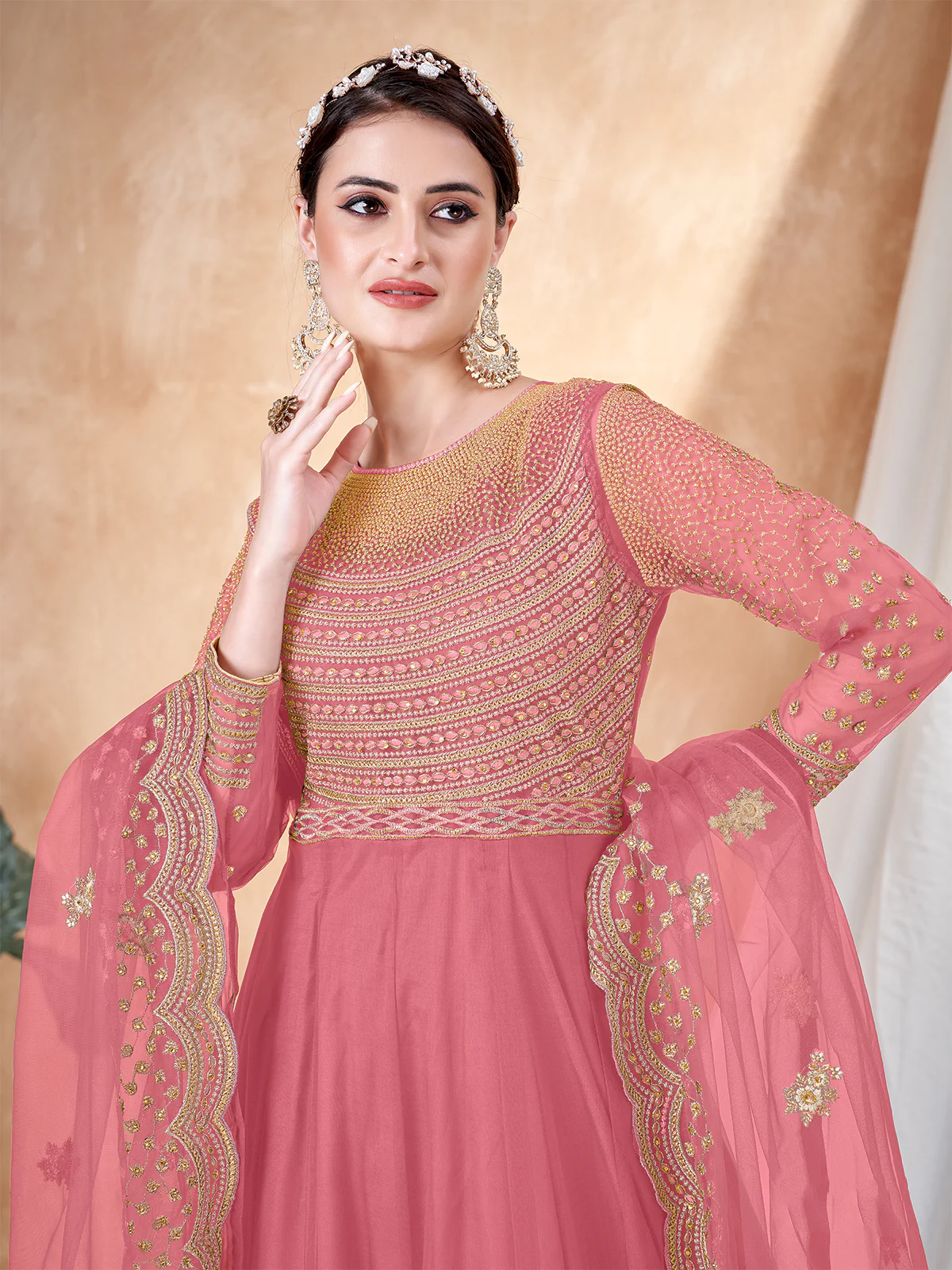 Odette Pink Net Embellished Semi stitched Kurta Set with Inner For Women - Image 3