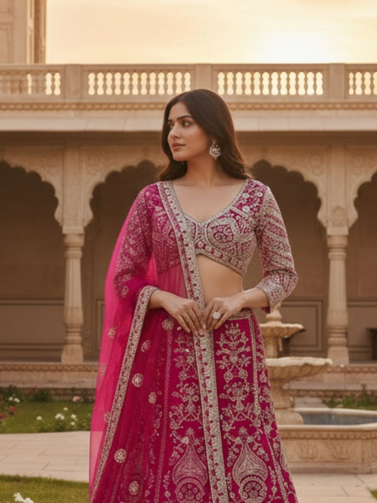 Odette Pink Net Embellished Semi Stitched Lehenga For Women - Image 4