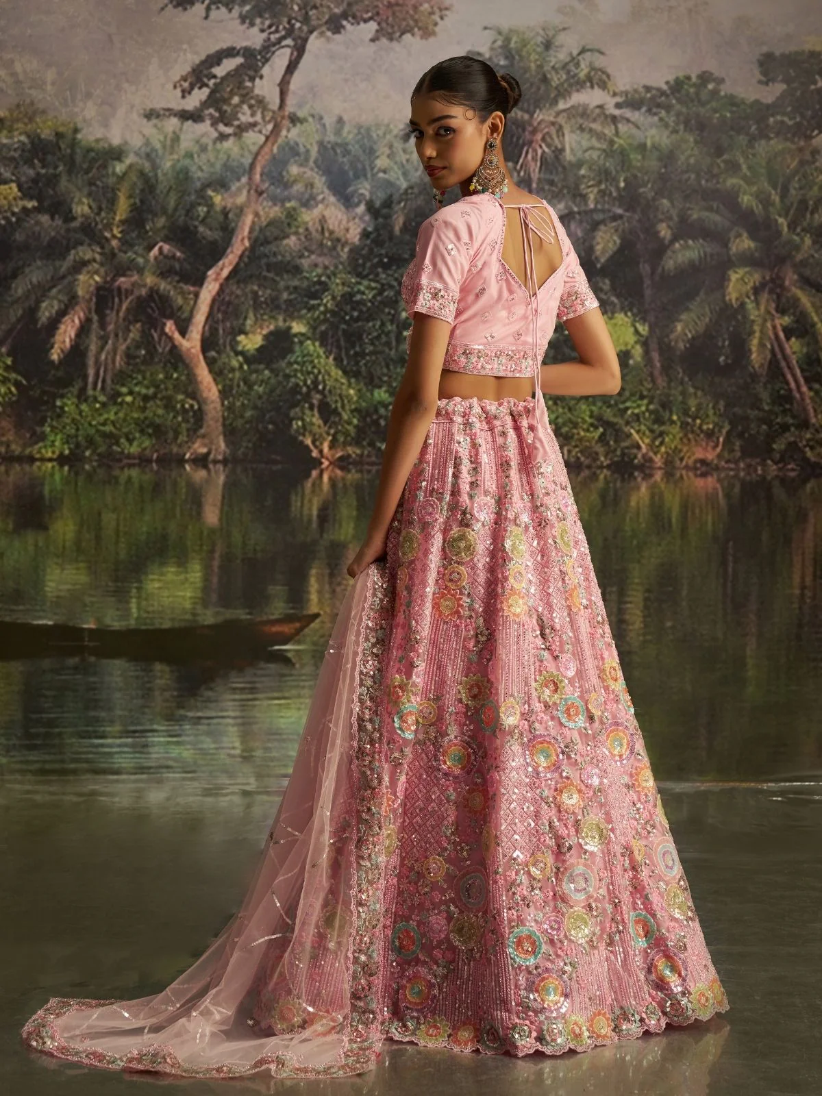 Odette Pink Net Embellished Semi-Stitched Lehenga For Women - Image 2