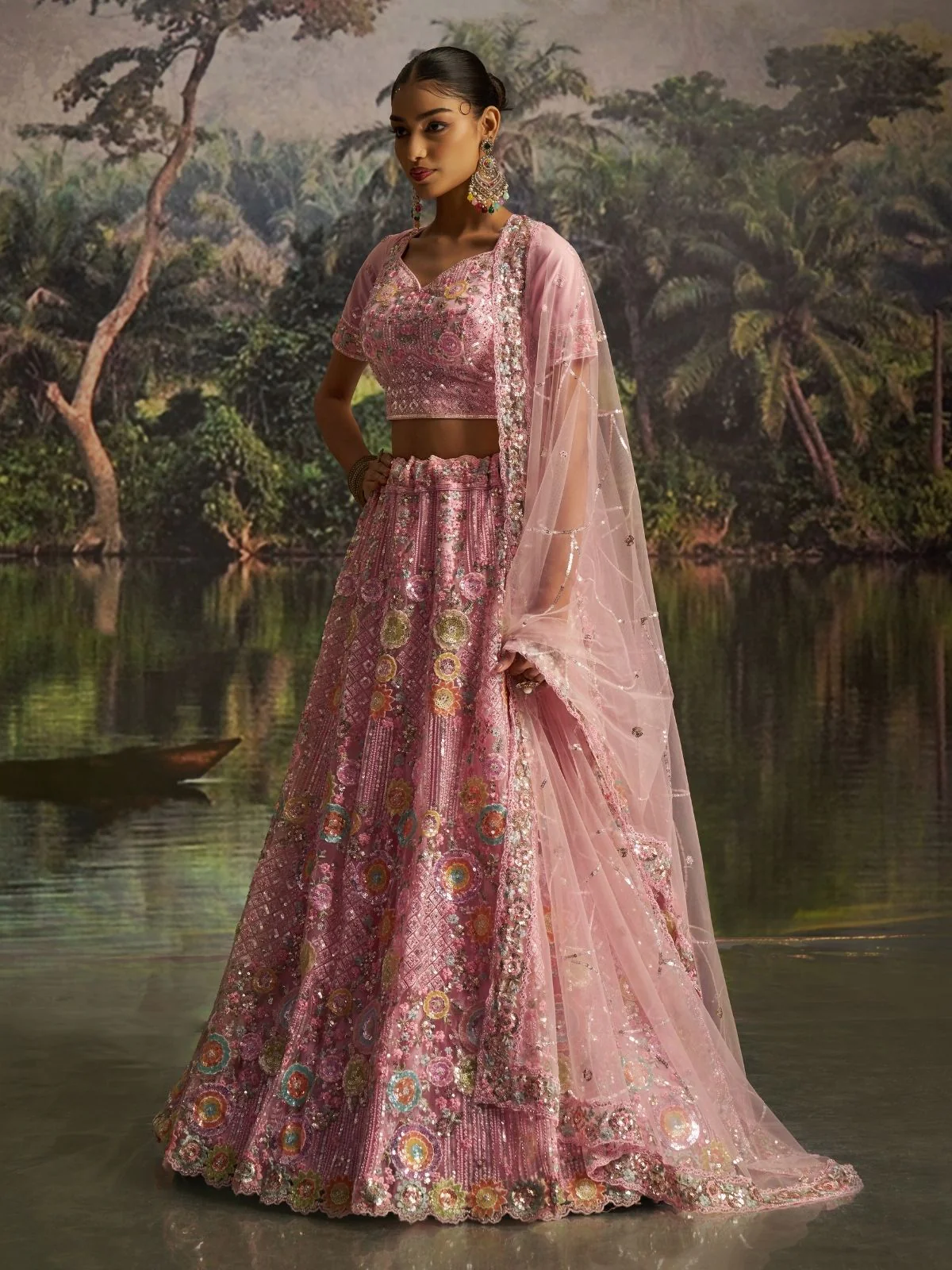Odette Pink Net Embellished Semi-Stitched Lehenga For Women - Image 3