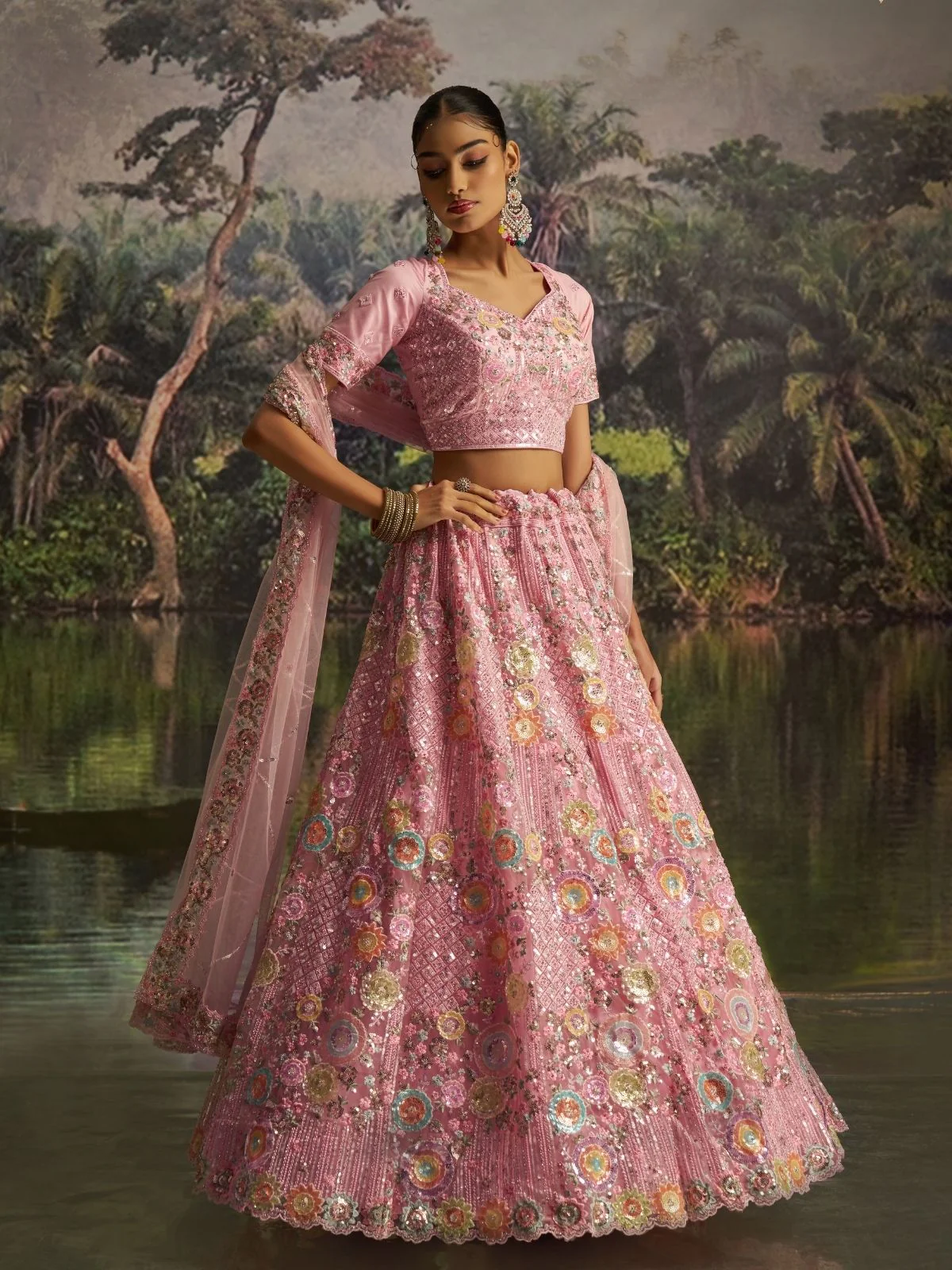 Odette Pink Net Embellished Semi-Stitched Lehenga For Women - Image 4