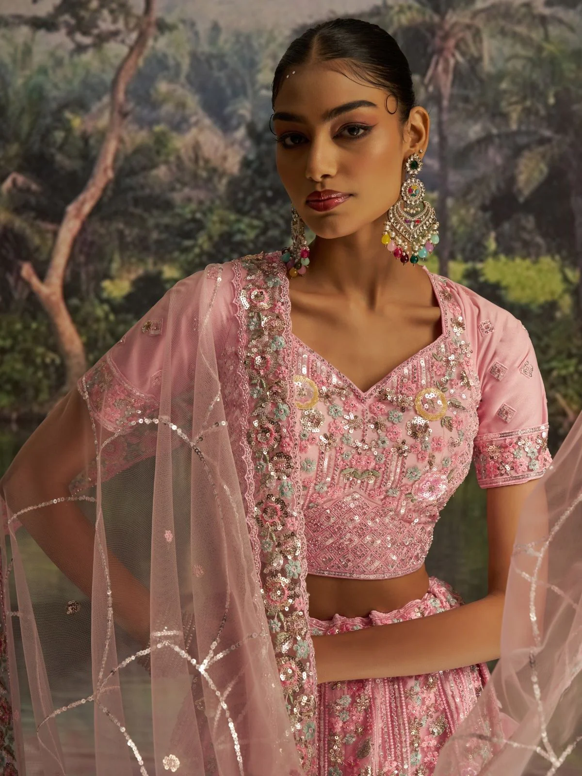 Odette Pink Net Embellished Semi-Stitched Lehenga For Women - Image 5