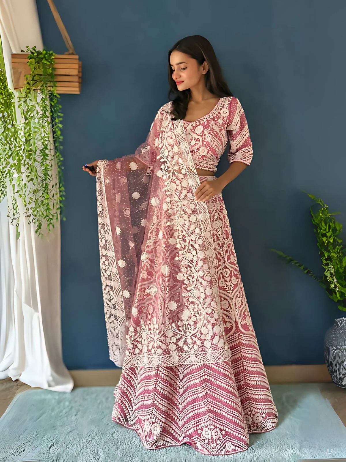Odette Pink Net Embellished Semi-Stitched lehenga For Women - Image 4