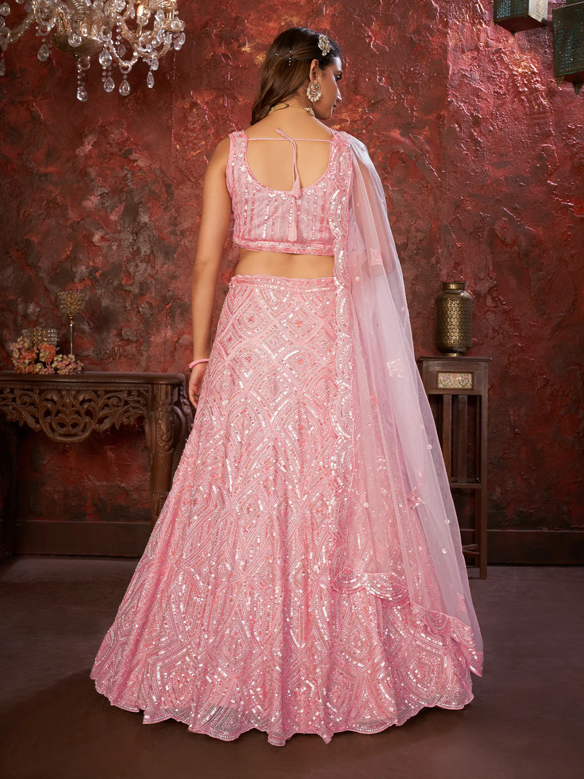 Odette Pink Net Embellished Semi Stitched Lehenga With Unstitched Blouse for Women - Image 3