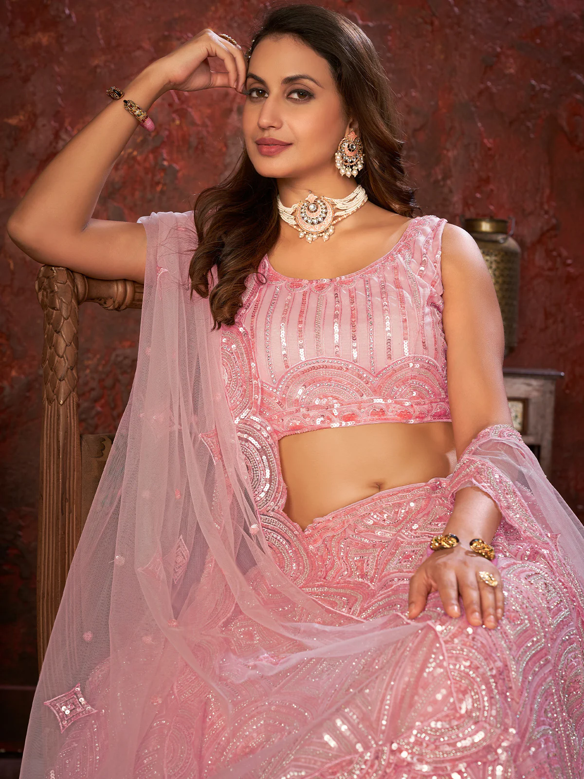 Odette Pink Net Embellished Semi Stitched Lehenga With Unstitched Blouse for Women - Image 4