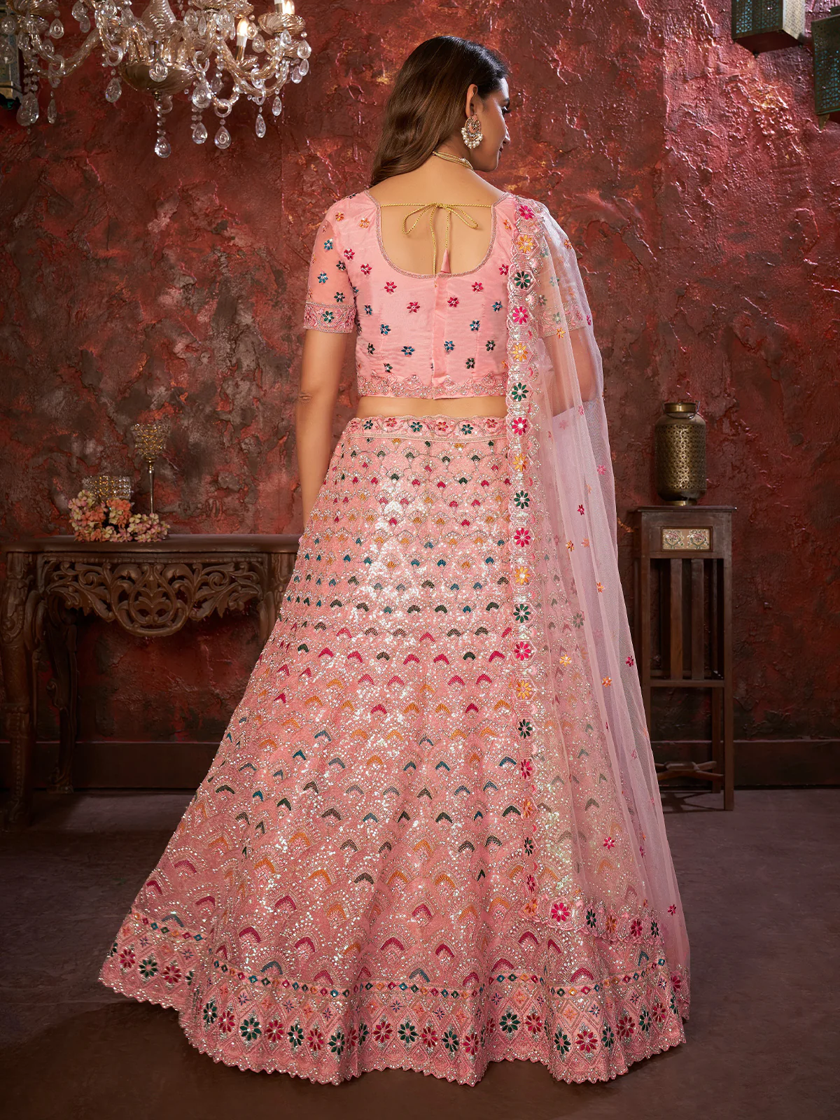 Odette Pink Net Embellished Semi Stitched Lehenga With Unstitched Blouse for Women - Image 3