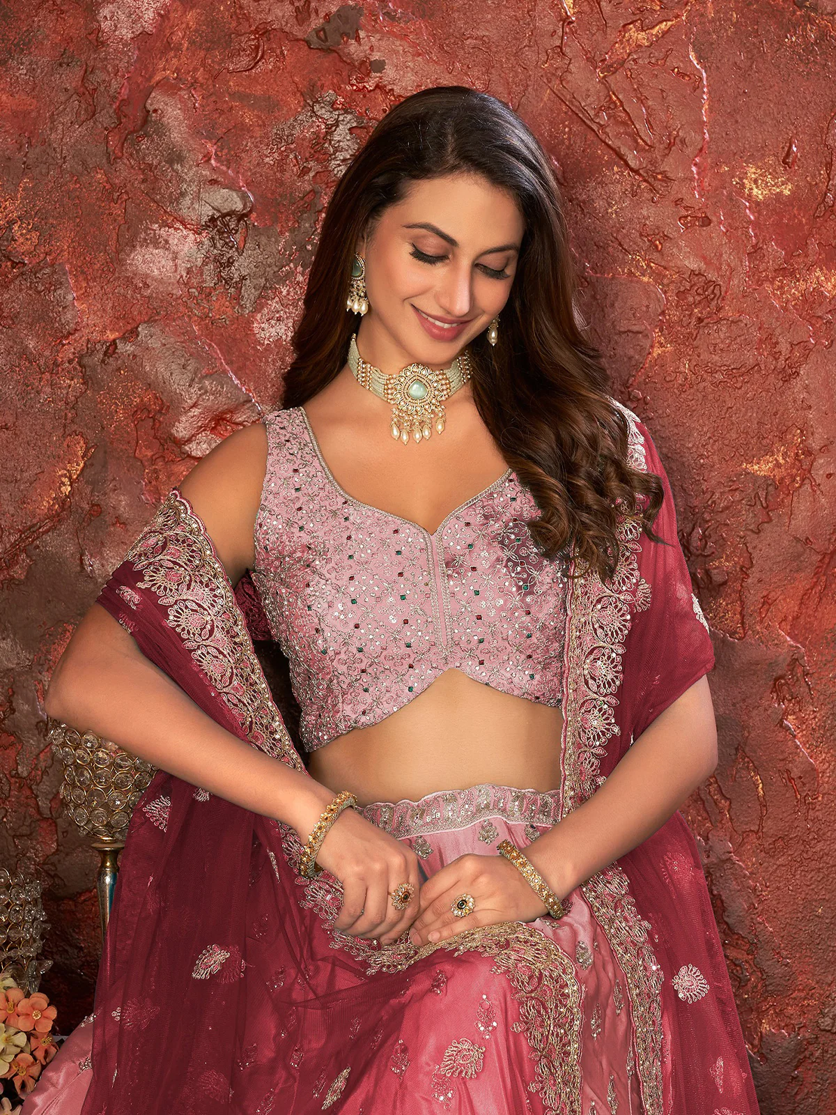 Odette Pink Net Embellished Semi Stitched Lehenga With Unstitched Blouse for Women - Image 4