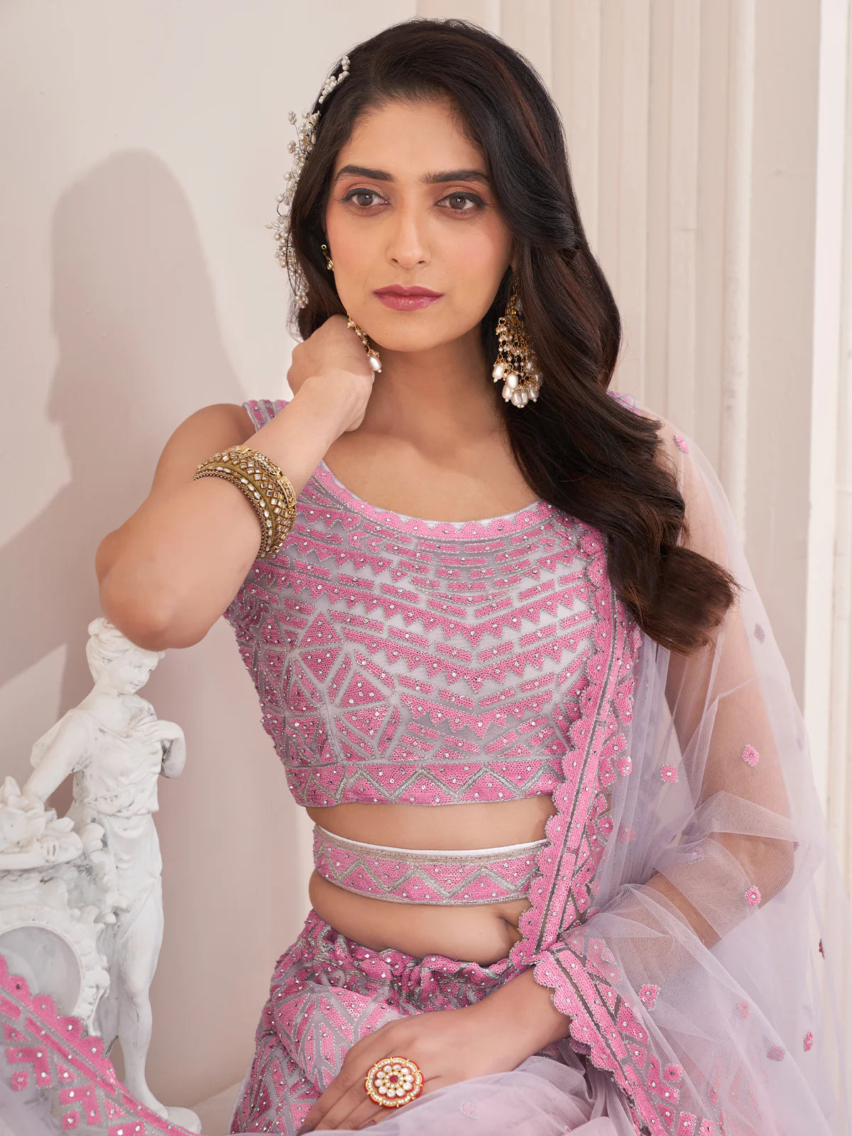 Odette Pink Net Embellished Semi Stitched Lehenga With Unstitched Blouse for Women - Image 4