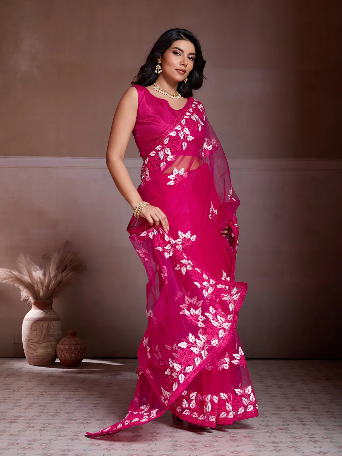 Odette Pink Net Embroidered Saree For Women - Image 2