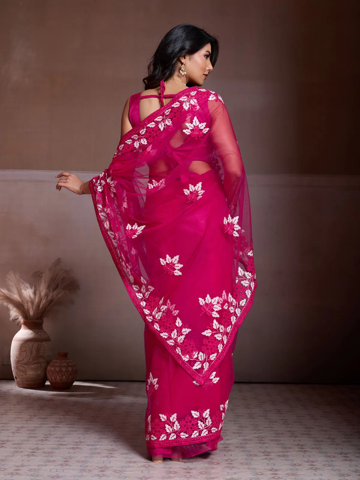Odette Pink Net Embroidered Saree For Women - Image 3