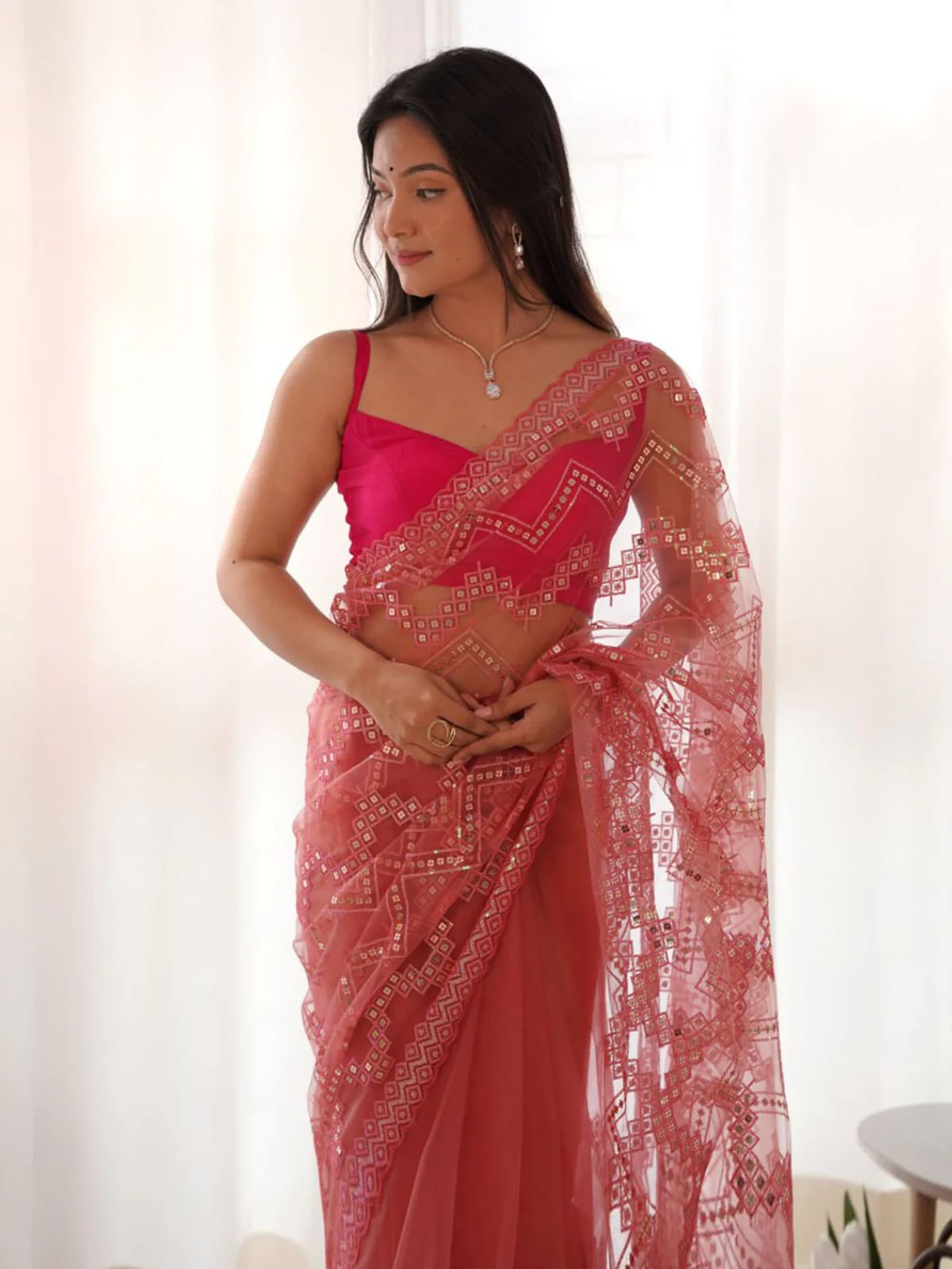Odette Pink Net Embroidered Saree With Unstitched Blouse For Women - Image 2