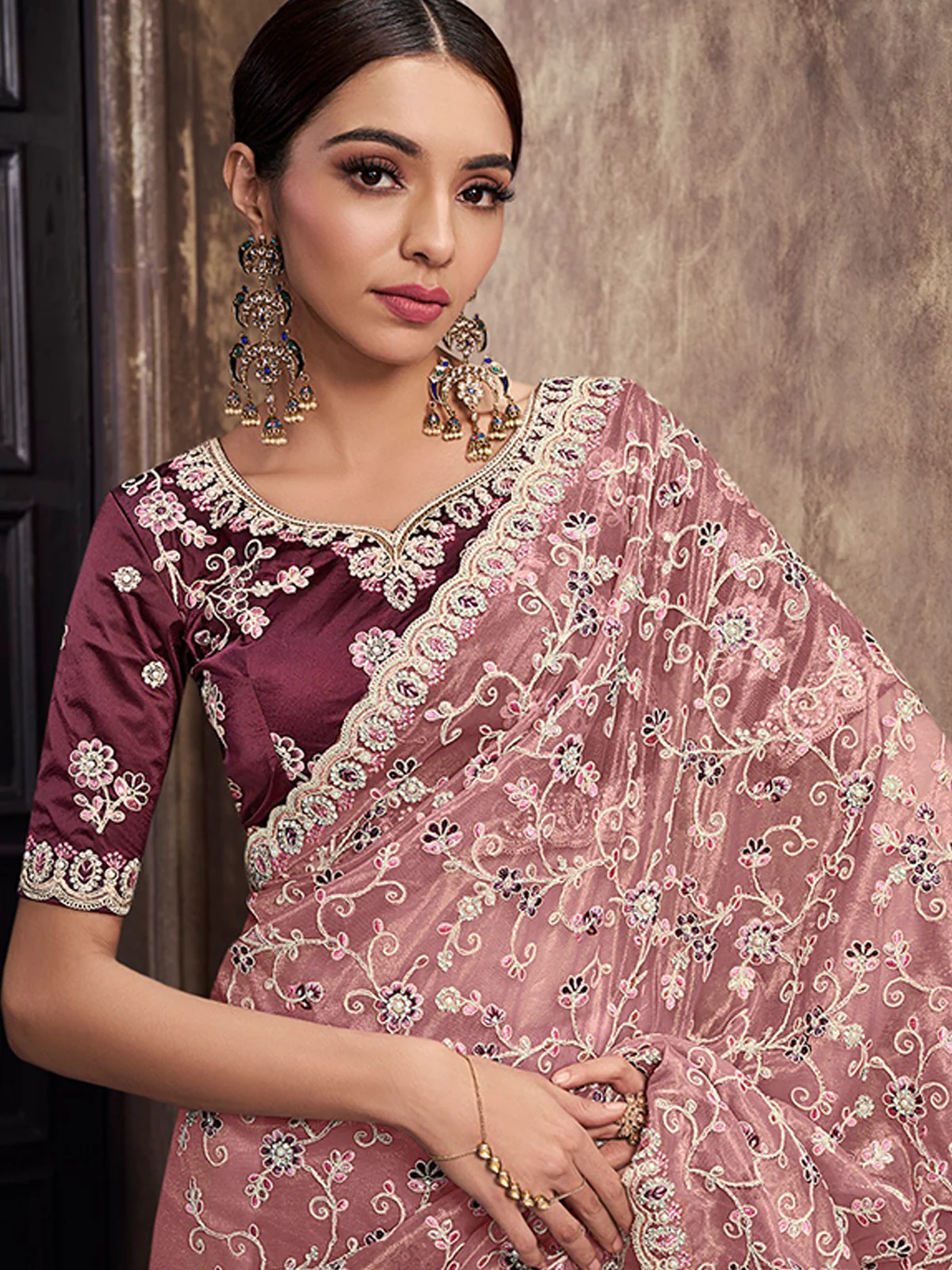 Odette Pink Net Embroidered Saree With Unstitched Blouse For Women - Image 2