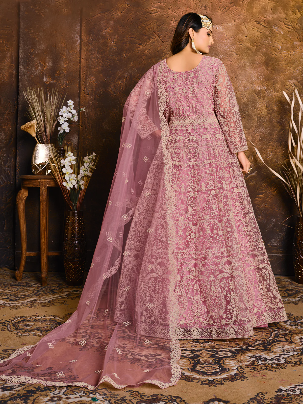 Odette Pink Net Embroidered Semi stitched Kurta Set with Inner For Women - Image 2