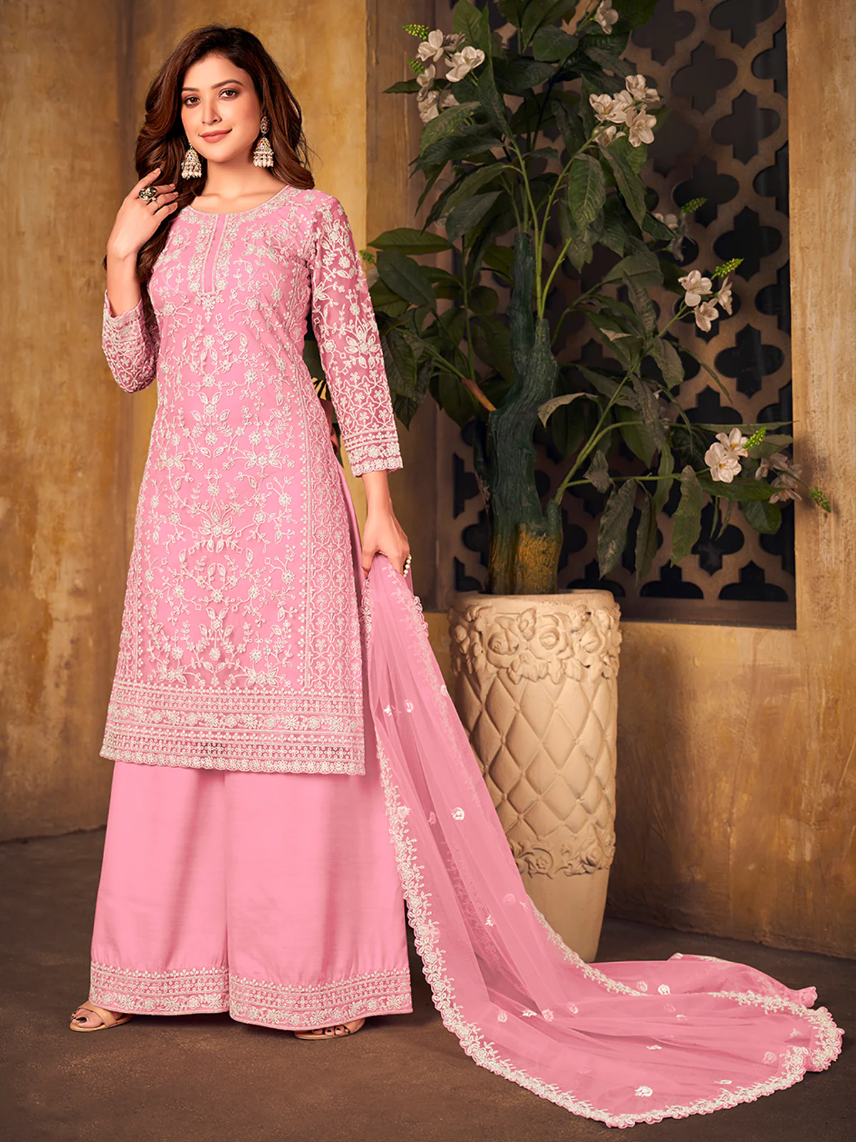 Odette Pink Net Embroidered Semi stitched Kurta Set with Inner For Women - Image 2
