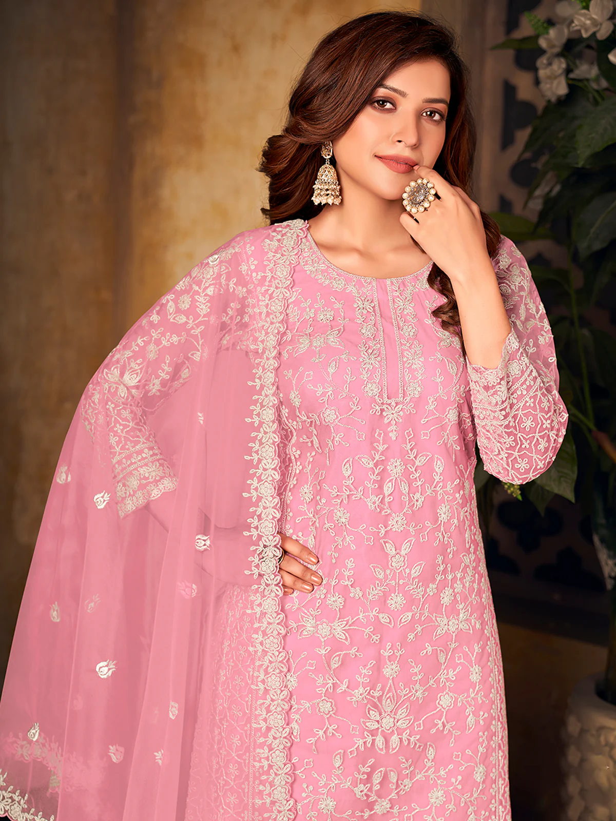 Odette Pink Net Embroidered Semi stitched Kurta Set with Inner For Women - Image 3
