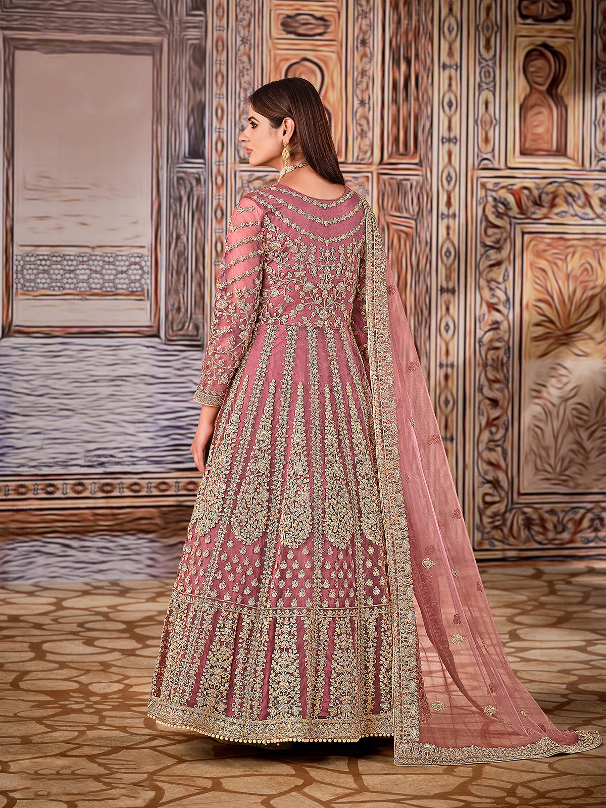Odette Pink Net Embroidered Semi stitched Kurta Set with Inner For Women - Image 4