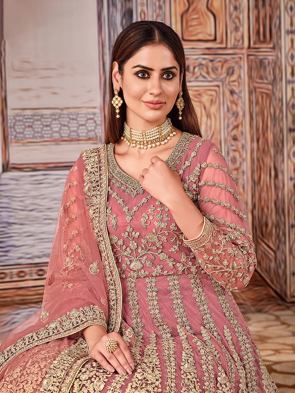 Odette Pink Net Embroidered Semi stitched Kurta Set with Inner For Women - Image 5