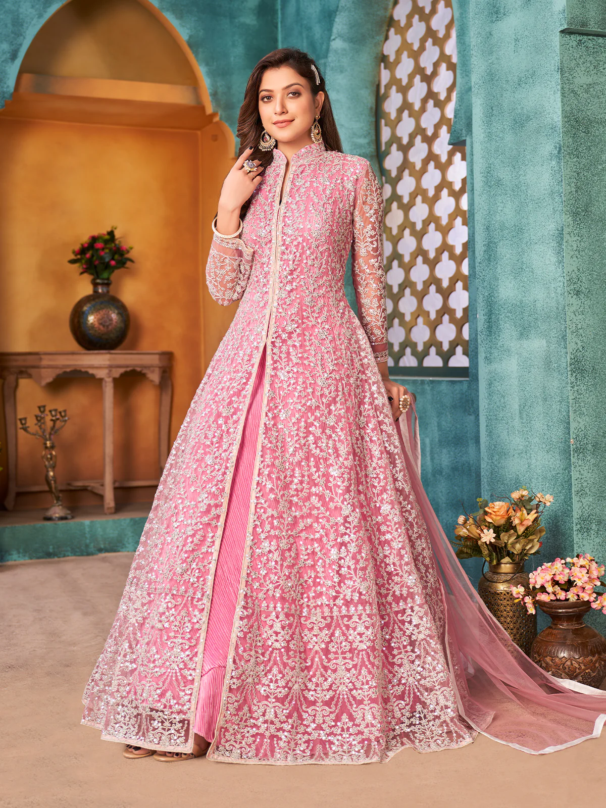 Odette Pink Net  Embroidered Semi stitched Kurta Set with Inner For Women - Image 2