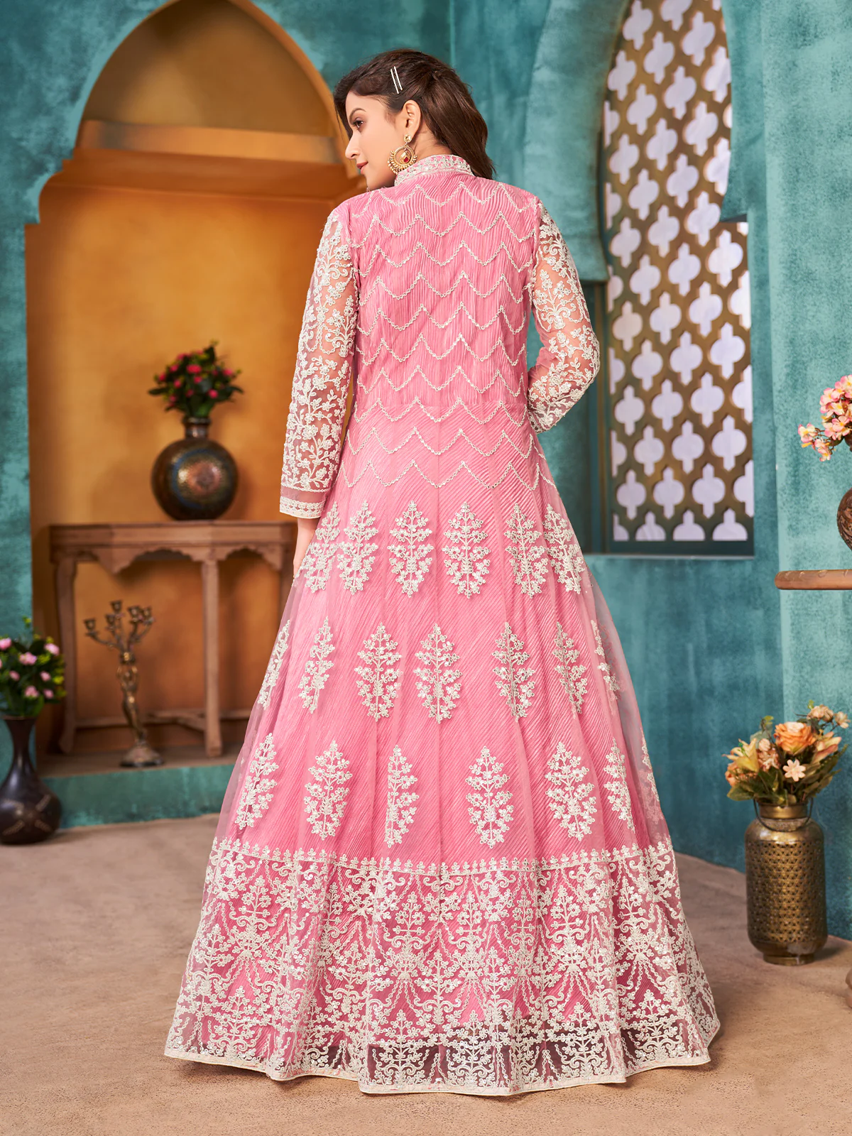 Odette Pink Net  Embroidered Semi stitched Kurta Set with Inner For Women - Image 3