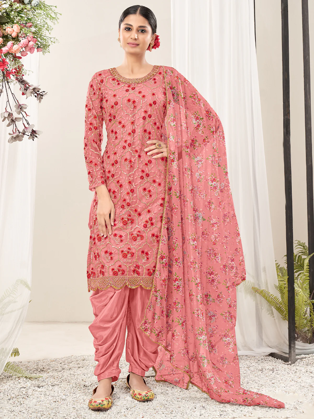 Odette Pink Net Embroidered Semi stitched Kurta Set With Inner For Women - Image 2