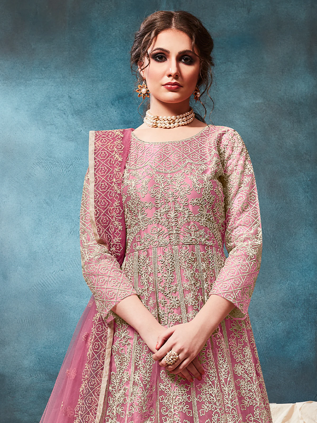 Odette Pink Net Embroidered Semi stitched Kurta Set with Inner For Women - Image 2
