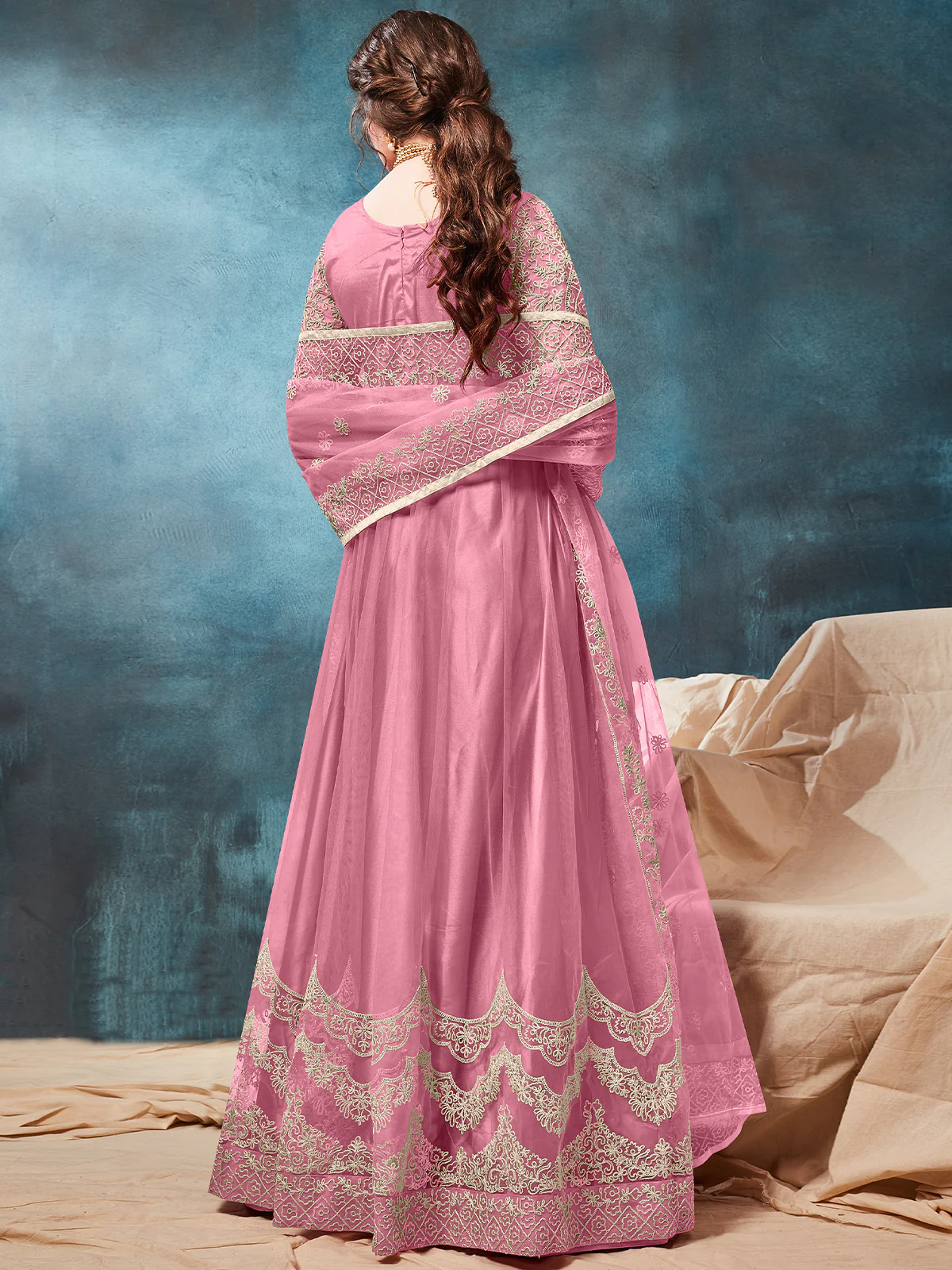 Odette Pink Net Embroidered Semi stitched Kurta Set with Inner For Women - Image 3
