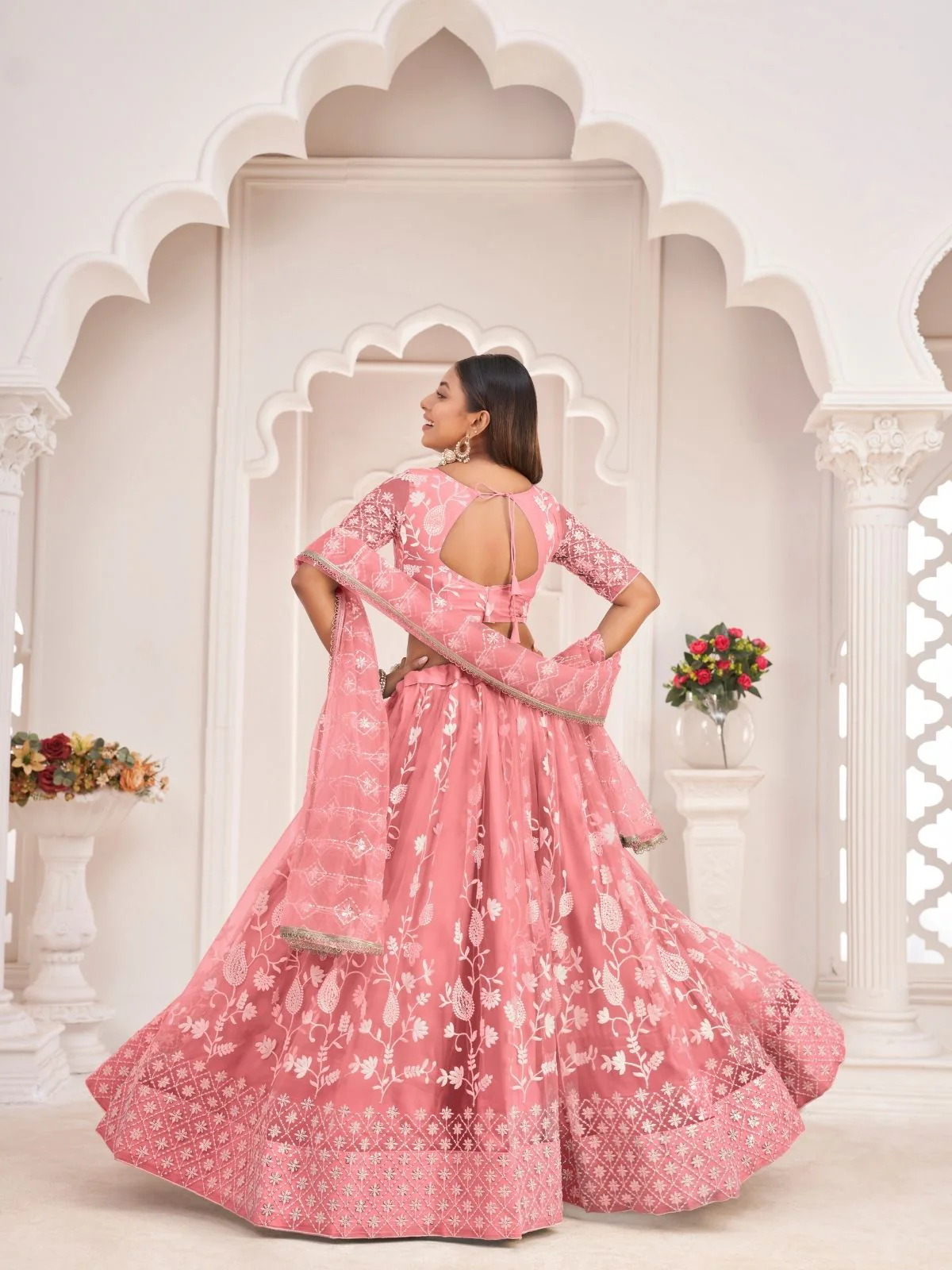 Odette Pink Net Embroidered Semi Stitched Lehenga For Women - Image 3
