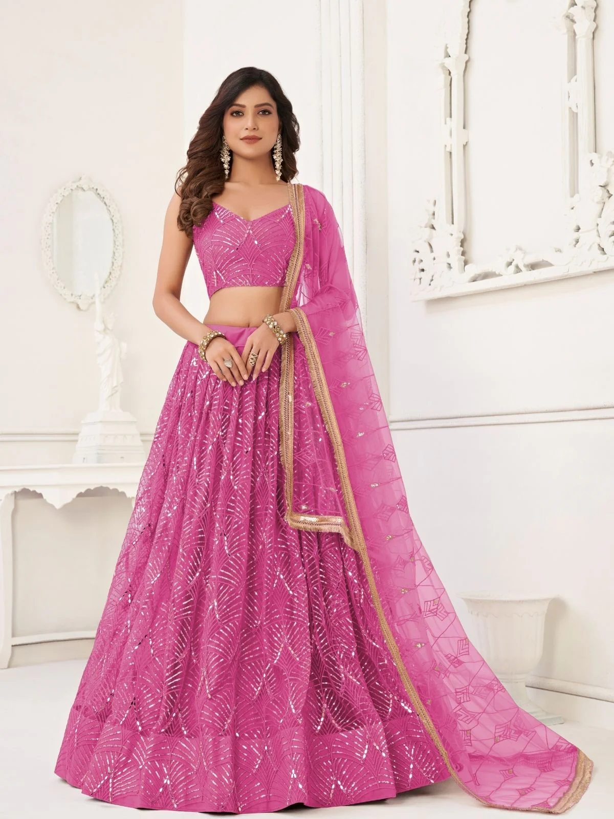 Odette Pink Net Embroidered Semi Stitched Lehenga For Women - Image 2