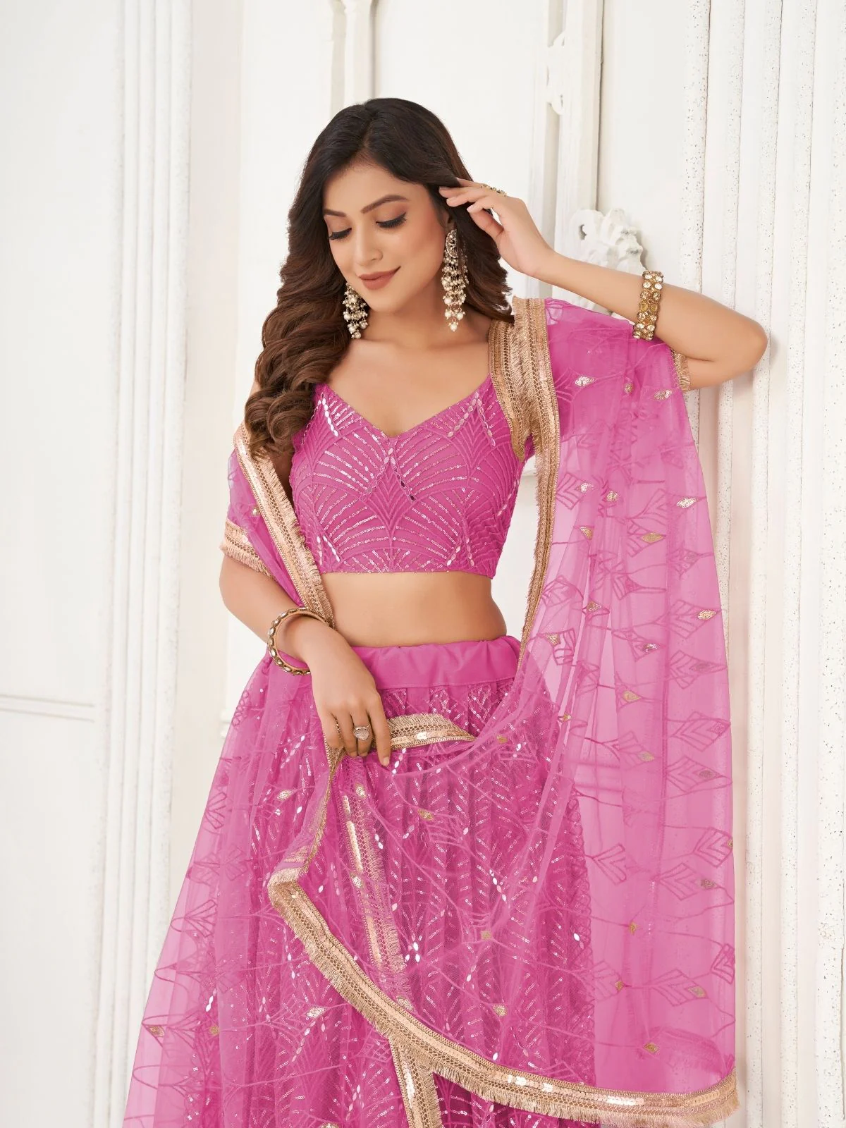 Odette Pink Net Embroidered Semi Stitched Lehenga For Women - Image 4